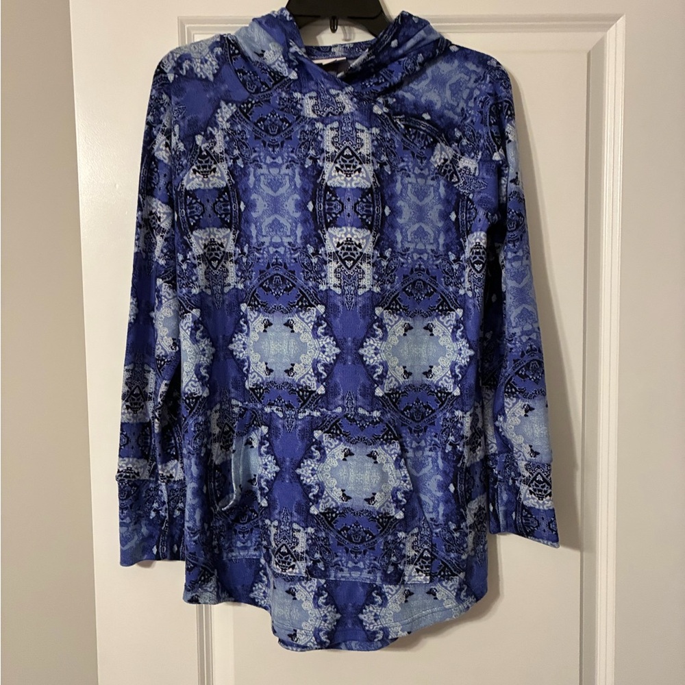 Lularoe Amber Women's Blue Patterned Hooded Long-Sleeve Top